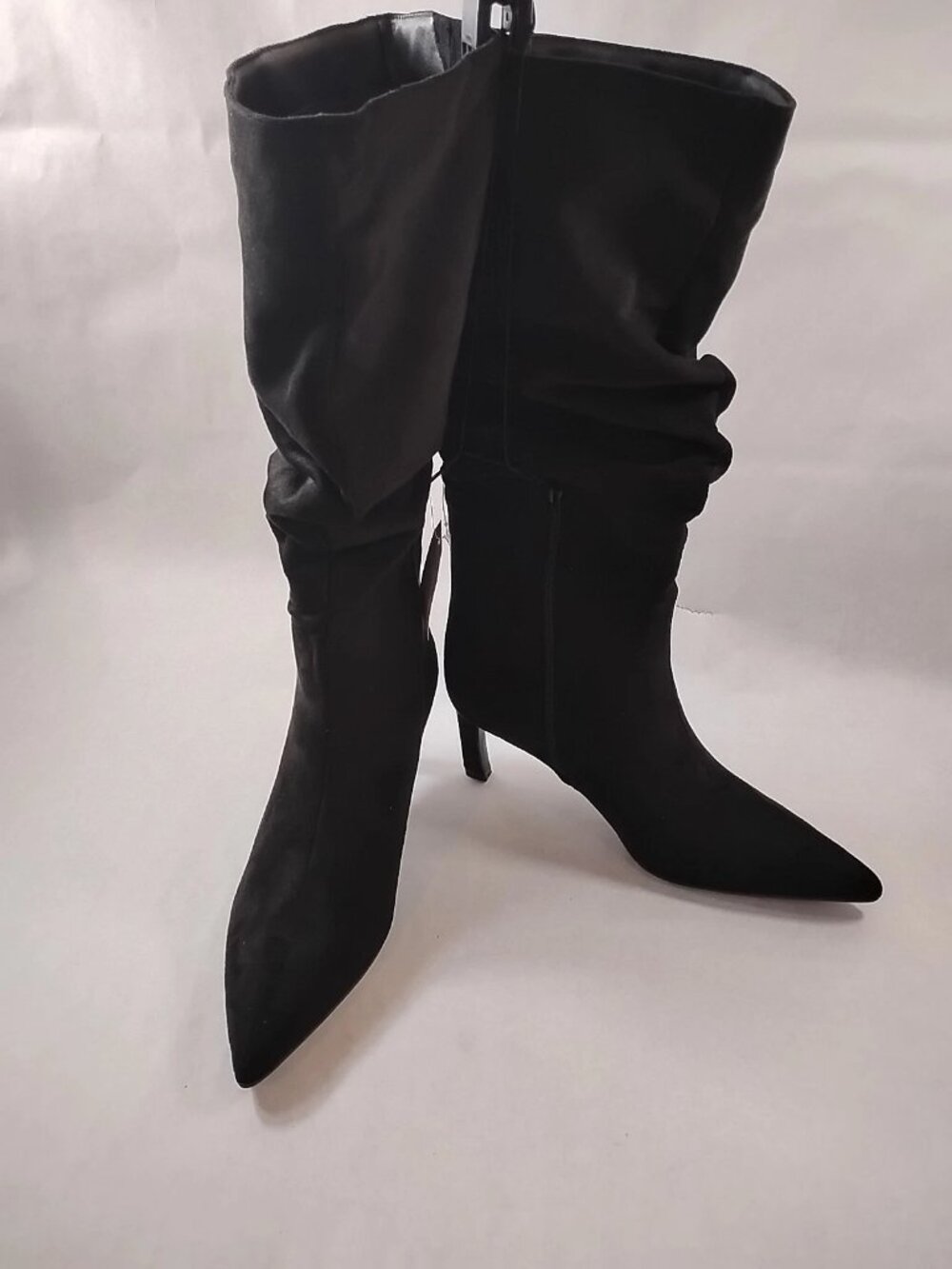 New Women 9 Wide Calf Knee High Slouch Boots Black Faux Suede Point Toe Boho 80s